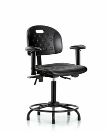 Newport Industrial Polyurethane Chair, Round Tube Base - Medium Bench Height, Adjustable Arms and Stationary Glides in Blue Polyurethane