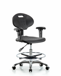 Erie Polyurethane Chair Chrome - Medium Bench Height with Chrome Foot Ring, Adjustable Arms, and Chrome Casters in Blue Polyurethane