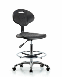 Erie Polyurethane Chair Chrome - High Bench Height with Chrome Foot Ring and Chrome Casters in Blue Polyurethane