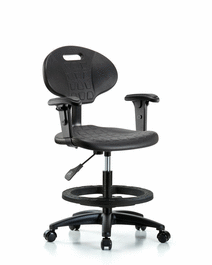 Erie Polyurethane Chair - Medium Bench Height with Black Foot Ring, Adjustable Arms, and Casters in Blue Polyurethane