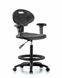 Erie Polyurethane Chair - High Bench Height with Black Foot Ring, Adjustable Arms, and Casters in Blue Polyurethane