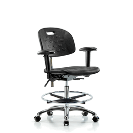 Poly Clean Room Chair, Med Bench, Arms, Foot Ring, Casters, Gray Poly