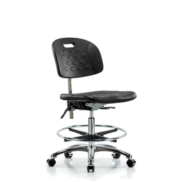 Class 10 Newport Industrial Polyurethane Clean Room Chair - Medium Bench Height with Chrome Foot Ring and Casters in Blue Polyurethane