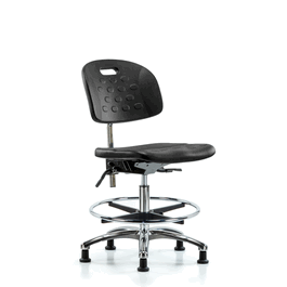 Class 10 Newport Industrial Polyurethane Clean Room Chair - Medium Bench Height, Chrome Foot Ring and Stationary Glides, Blue Polyurethane