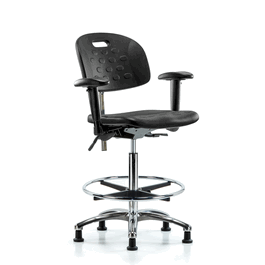 Poly Clean Room Chair, High Bench, Arms, Foot Ring, Glides, Gray Poly