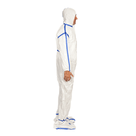 White MPE/PP coverall with hood and attached PP+PE laminated booties, elastic at wrists/back, zipper cover with adhesive strip, 1 pc/sterile bag, Small