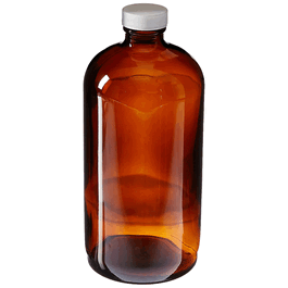 Precleaned and Certified - 16 oz (500mL) Amber Boston Round, 28-400mm Thread, White Closure, PTFE Lined