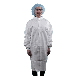 Microporous Frocks with NO Pockets, Knit Wrists, Mandarin Collar, 6-Snap Front, Elastic Thumb-Loops, Hang Loop, Anti-Static, White, XL