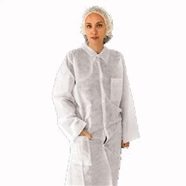 Lab Coat, Polypropylene, 3 Pockets, Elastic Wrists, Snap Front, Single Collar, 2 XL, White