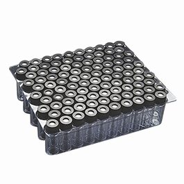 Amber 9 mm Thread R.A.M. Vial with Graduation Spot, 12 x 32 mm, 0.040 in. PTFE/Butyl Rubber Septa, Smooth Black Cap