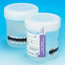 Drug Test Container, 90 mL, Wide Mouth, Attached White Screwcap, Sterile, Tab-Seal Patient ID Label and Celsius Thermometer Strip, PP
