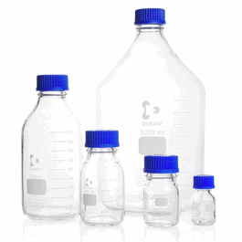 DWK Life Sciences (Wheaton) (Duran) GL 32 Lab Glass Bottle, 50 mL, Clear w/ Blue PP Screw Cap and Pour Ring
