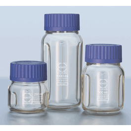 DWK Life Sciences (Wheaton) Duran Baffled Wide Mouth Bottle GLS 80, 1000 mL, Clear Glass, supplied w/GLS 80 polypropylene pouring ring + GLS 80 cap