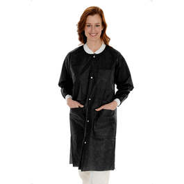 ValuMax Extra-Safe SMS Lab Coats, Knee Length, 3 Pockets, Snap Front, Knit Cuffs and Collar, Black, 3XL