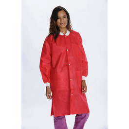 ValuMax Extra-Safe SMS Lab Coats, Knee Length, 3 Pockets, Snap Front, Knit Cuffs and Collar, Red, S