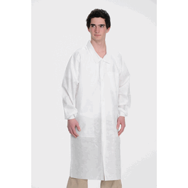 ValuMax Extra-Safe SMS Lab Coats, Knee Length, 3 Pockets, Snap Front, Knit Cuffs, Traditional Collar, White, 2XL