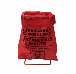 Benchtop Disposal Set, includes 3 x 5 x 9 in. (L x W x H) metal stand, and 400 red biohazard/autoclave bags (8.5 x 11 in.)