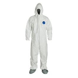 Tyvek 400 Disposable Coveralls, Attached Hood/Skid-Resistant Boots, Elastic Wrists/Ankles, Zipper Front, White, 5XL