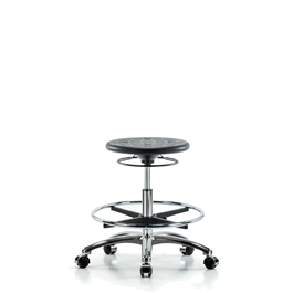 Class 10 Huron Polyurethane Clean Room Stool - Medium Bench Height with Chrome Foot Ring and Casters in Black Polyurethane