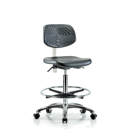 Poly Clean Room Chair, High Bench, Foot Ring, Casters, Gray Poly