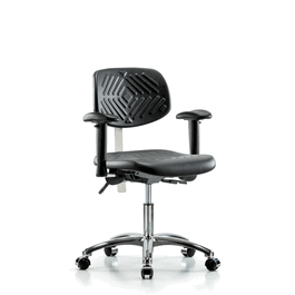 Class 100 Polyurethane Clean Room Chair - Desk Height with Adjustable Arms and Casters in Black Polyurethane