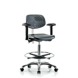 Poly Clean Room Chair, High Bench, Arms, Foot Ring, Casters, Gray Poly