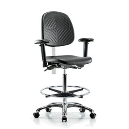 Poly Clean Room Chair, High Bench, Med Back, Arms, Foot Ring, Casters, Gray Poly