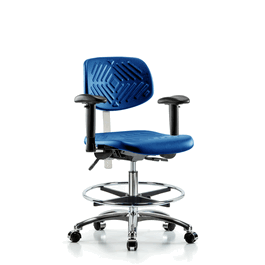 Poly Clean Room Chair, Med Bench, Arms, Foot Ring, Casters, Gray Poly