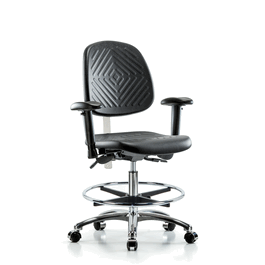 Poly Clean Room Chair, Med Bench, Med Back, Arms, Foot Ring, Casters, Gray Poly