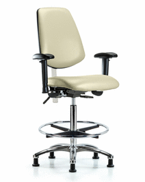 Class 100 Vinyl Clean Room Chair-High Bench Height, Medium Back, Seat Tilt, Adj Arms, Chrome FR, Glides, Adobe White Trailblazer Vinyl