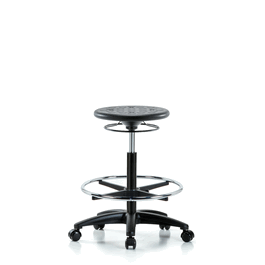 Huron Polyurethane Stool - High Bench Height with Chrome Foot Ring and Casters in Black Polyurethane