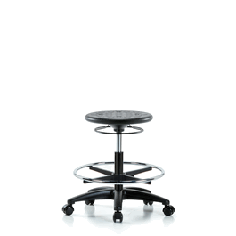 Huron Polyurethane Stool - Medium Bench Height with Chrome Foot Ring and Casters in Black Polyurethane