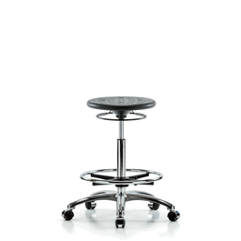 Huron Polyurethane Stool Chrome - High Bench Height with Chrome Foot Ring and Casters in Blue Polyurethane
