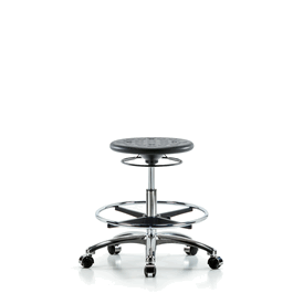 Huron Polyurethane Stool Chrome - Medium Bench Height with Chrome Foot Ring and Casters in Black Polyurethane