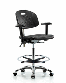 Poly Clean Room Chair, High Bench, Tilt, Arms, Foot Ring, Casters, Gray Poly