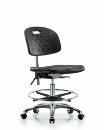 Class 100 Newport Industrial Polyurethane Clean Room Chair - Medium Bench Height, Seat Tilt, Chrome Foot Ring, Casters, Blue Polyurethane
