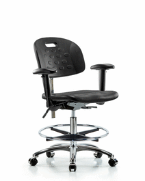 Class 100 Newport Industrial Polyurethane Clean Room Chair-Medium Bench Height, Seat Tilt, Adj Arms, Chrome FR, Casters, Blue Polyurethane