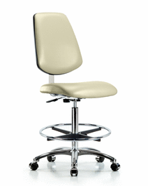 Class 10 Clean Room Vinyl Chair Chrome - High Bench Height, Medium Back, Chrome Foot Ring, and Casters in Colonial Blue Trailblazer Vinyl