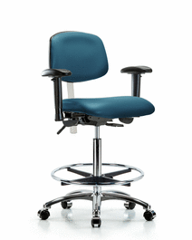 Class 100 Vinyl Clean Room Chair - High Bench Height with Adjustable Arms, Chrome Foot Ring, and Casters in Borscht Supernova Vinyl