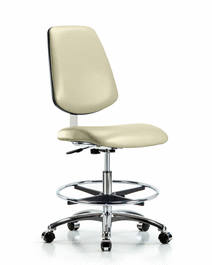 Class 10 Clean Room Vinyl Chair Chrome - Medium Bench Height w/ Medium Back, Chrome Foot Ring, and Casters, Colonial Blue Trailblazer Vinyl