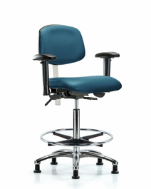 Class 100 Vinyl Clean Room Chair - High Bench Height with Adjustable Arms, Chrome Foot Ring, and Stationary Glides in Carbon Supernova Vinyl