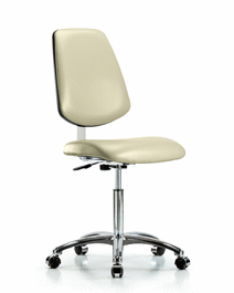 Class 10 Clean Room Vinyl Chair Chrome - Medium Bench Height with Medium Back and Casters in Adobe White Trailblazer Vinyl