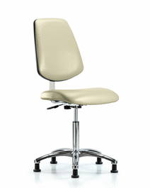 Class 10 Clean Room Vinyl Chair Chrome - Medium Bench Height with Medium Back and Stationary Glides in Adobe White Trailblazer Vinyl