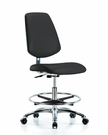 Class 10 Clean Room/ESD Vinyl Chair - Medium Bench Height with Medium Back, Chrome Foot Ring, and ESD Casters in ESD Black Vinyl