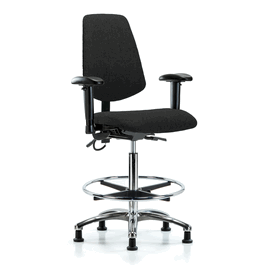 Fabric ESD Chair - High Bench Height with Medium Back, Adjustable Arms, Chrome Foot Ring, and ESD Stationary Glides in ESD Black Fabric
