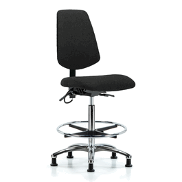 Fabric ESD Chair - High Bench Height with Medium Back, Seat Tilt, Chrome Foot Ring, and ESD Stationary Glides in ESD Black Fabric