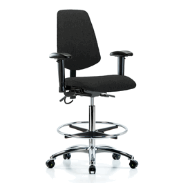 Fabric ESD Chair - High Bench Height with Medium Back, Seat Tilt, Adjustable Arms, Chrome Foot Ring, and ESD Casters in ESD Black Fabric