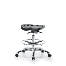 Polyurethane ESD Tractor Sit-Stand Stool Chrome - Medium Bench Height with Chrome Foot Ring and ESD Casters in ESD Black Polyurethane