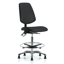 Vinyl ESD Chair - High Bench Height with Medium Back, Chrome Foot Ring, and ESD Stationary Glides in ESD Black Vinyl