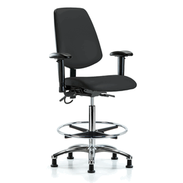 Vinyl ESD Chair - High Bench Height with Medium Back, Adjustable Arms, Chrome Foot Ring, and ESD Stationary Glides in ESD Black Vinyl